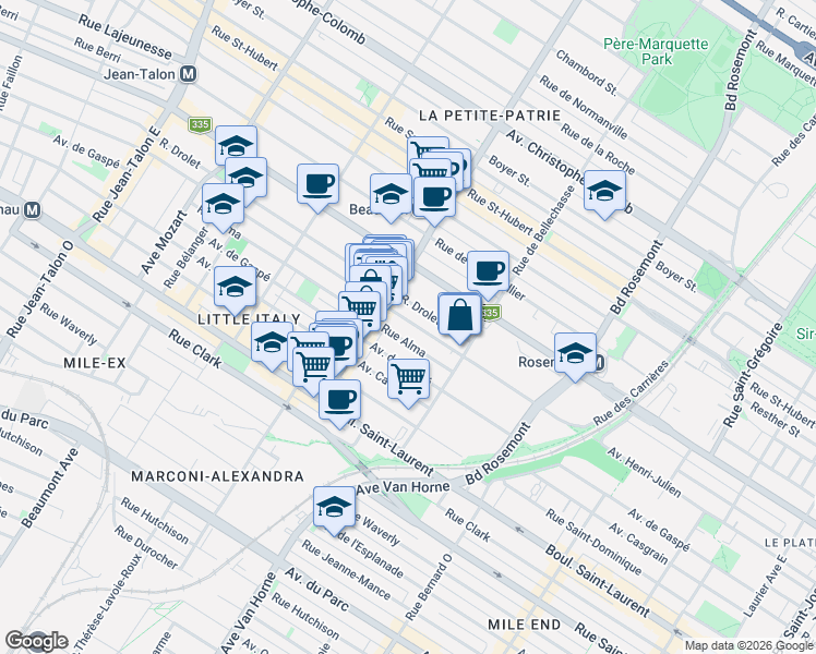 map of restaurants, bars, coffee shops, grocery stores, and more near 6342 Avenue Henri-Julien in Montréal