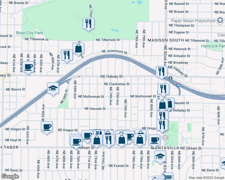 map of restaurants, bars, coffee shops, grocery stores, and more near 1304 Northeast 74th Avenue in Portland