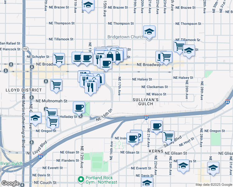 map of restaurants, bars, coffee shops, grocery stores, and more near 1300 Northeast 16th Avenue in Portland