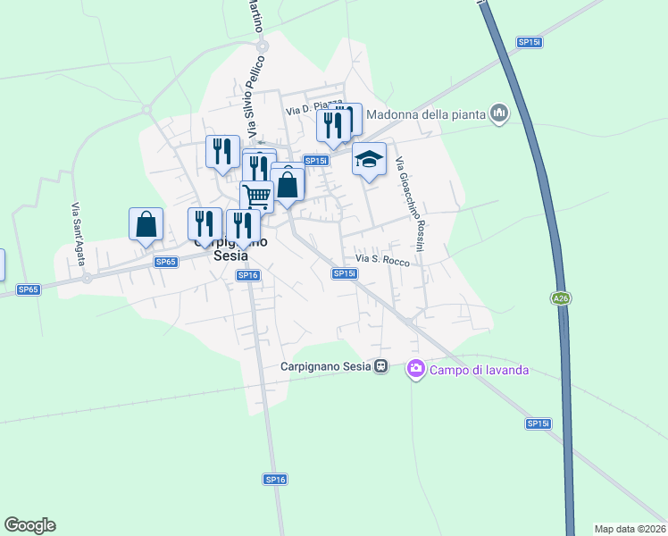 map of restaurants, bars, coffee shops, grocery stores, and more near 20 Via Ugo Foscolo in Carpignano Sesia
