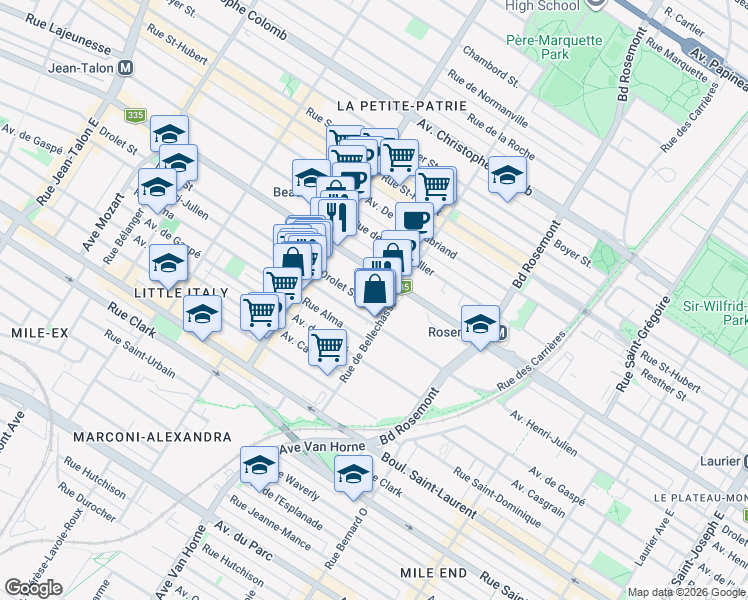 map of restaurants, bars, coffee shops, grocery stores, and more near 6237 Rue Drolet in Montréal