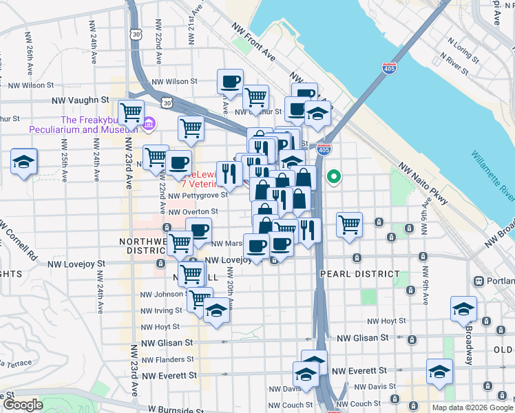 map of restaurants, bars, coffee shops, grocery stores, and more near 1323-1327 Northwest 19th Avenue in Portland