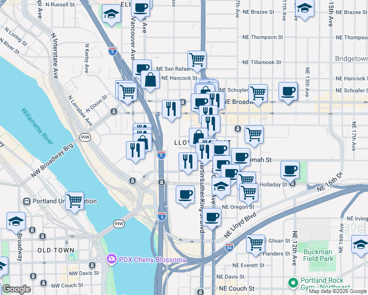 map of restaurants, bars, coffee shops, grocery stores, and more near 1397 Northeast 2nd Avenue in Portland