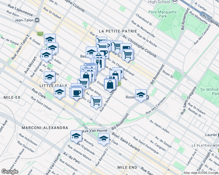 map of restaurants, bars, coffee shops, grocery stores, and more near 6237 Rue Drolet in Montréal