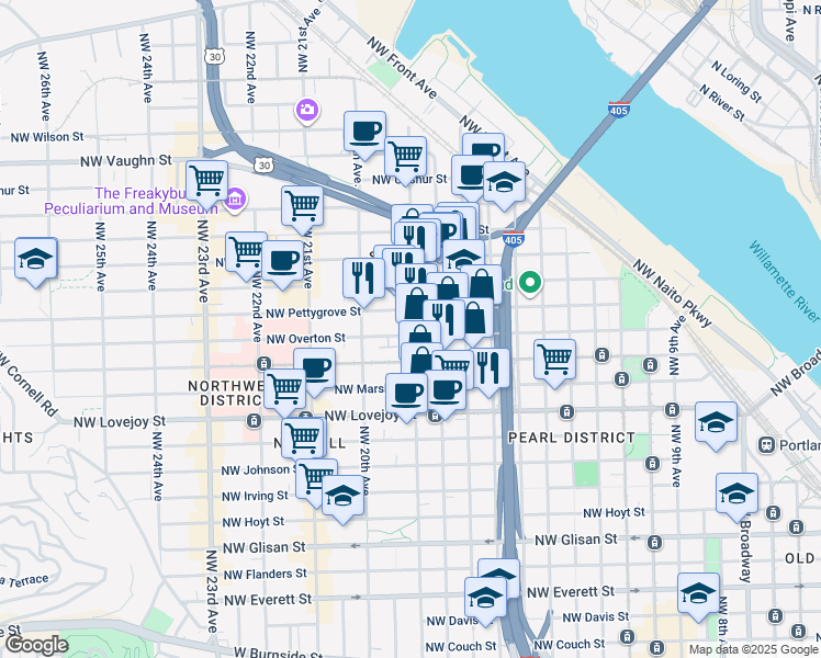 map of restaurants, bars, coffee shops, grocery stores, and more near 1315 Northwest 19th Avenue in Portland