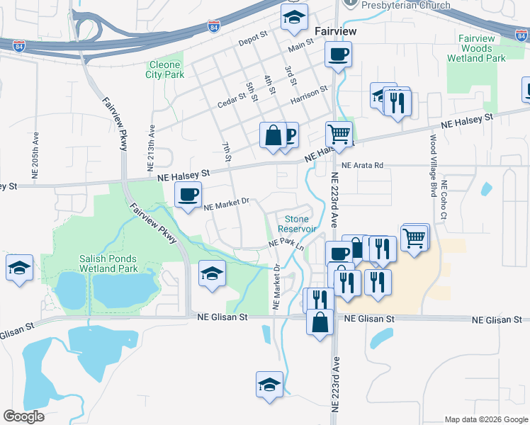 map of restaurants, bars, coffee shops, grocery stores, and more near NE Market Dr & NE Chinook Way in Fairview