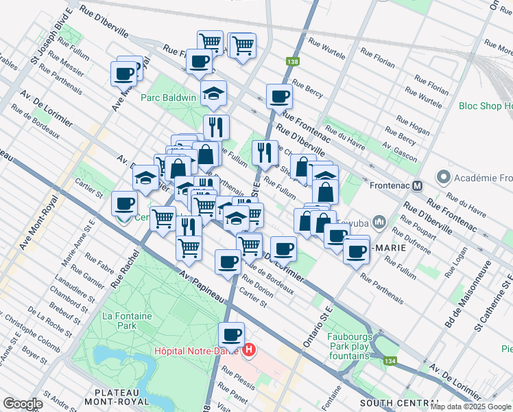 map of restaurants, bars, coffee shops, grocery stores, and more near 2194 Rue Sherbrooke Est in Montréal