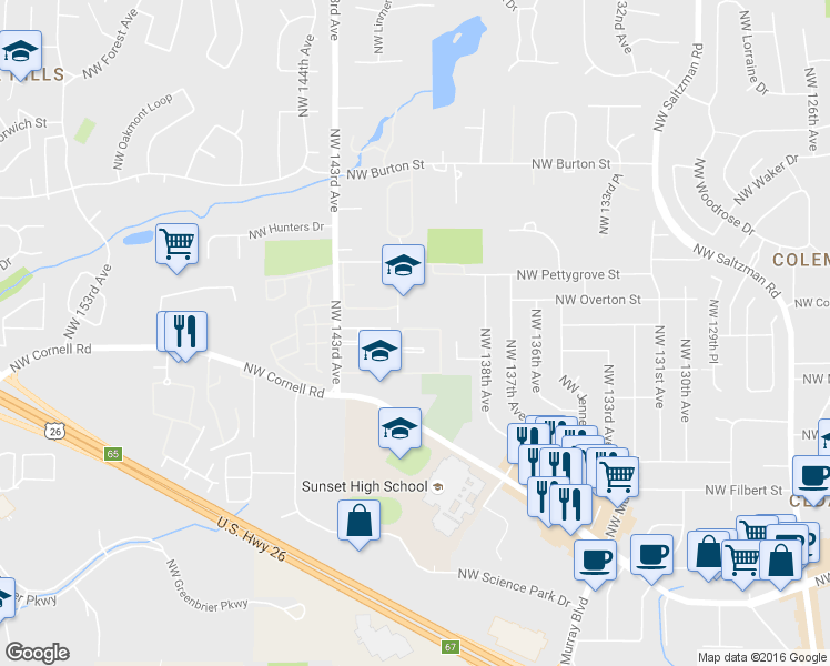 map of restaurants, bars, coffee shops, grocery stores, and more near 1710 Northwest 143rd Avenue in Portland