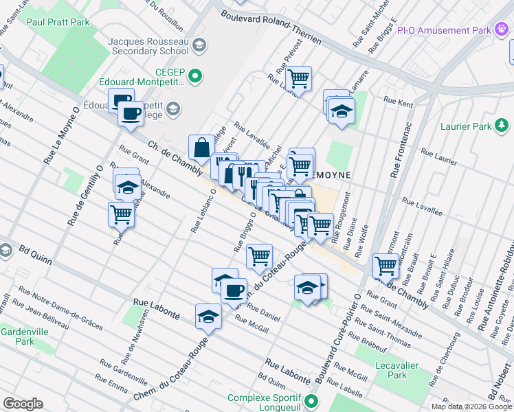 map of restaurants, bars, coffee shops, grocery stores, and more near 1295 Chemin de Chambly in Longueuil