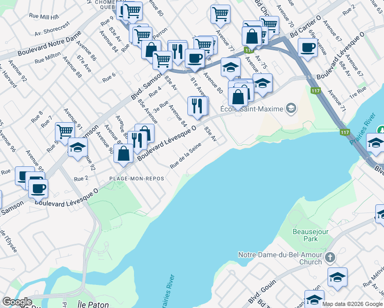 map of restaurants, bars, coffee shops, grocery stores, and more near 4052 Rue de la Seine in Laval