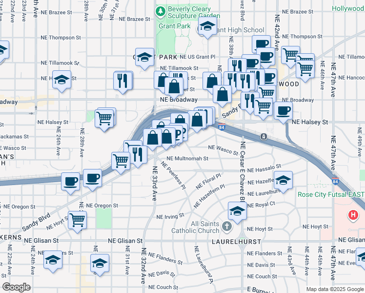 map of restaurants, bars, coffee shops, grocery stores, and more near 3434 Northeast Sandy Boulevard in Portland