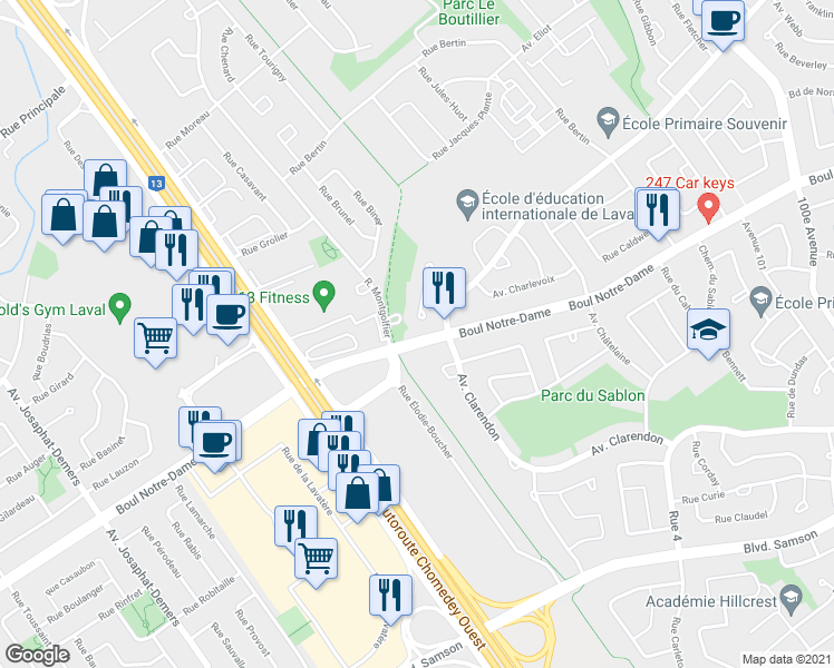 map of restaurants, bars, coffee shops, grocery stores, and more near 5225 Boulevard Notre-Dame in Laval