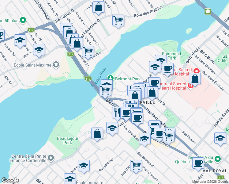 map of restaurants, bars, coffee shops, grocery stores, and more near 12640 Rue Odette-Oligny in Montréal