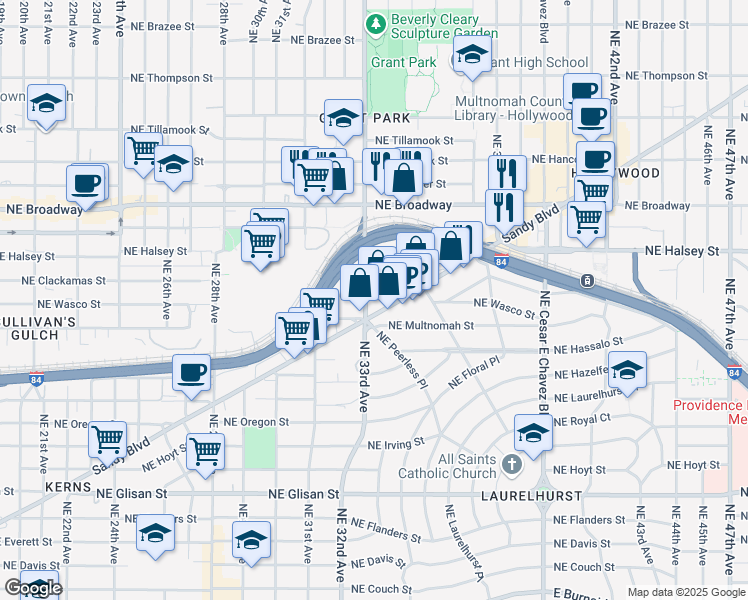 map of restaurants, bars, coffee shops, grocery stores, and more near 3235 Northeast Wasco Street in Portland