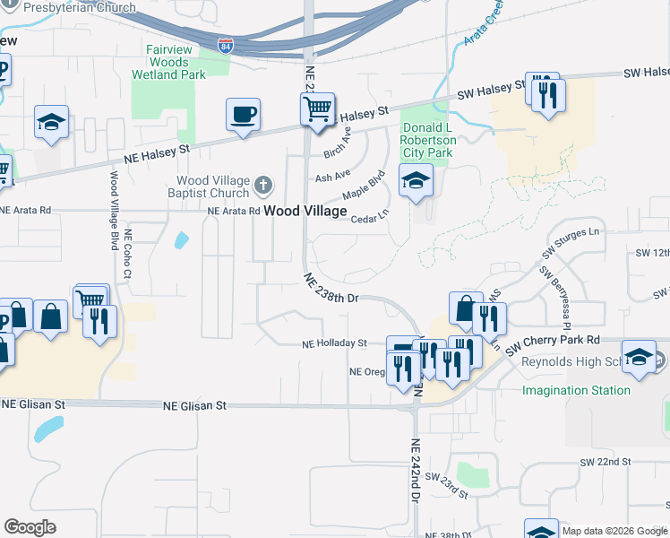 map of restaurants, bars, coffee shops, grocery stores, and more near 23925 Northeast Treehill Drive in Wood Village