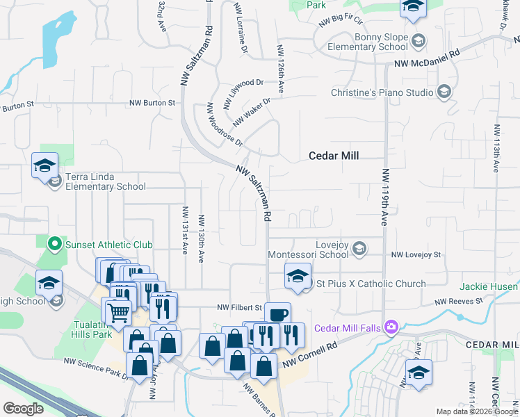 map of restaurants, bars, coffee shops, grocery stores, and more near 1758 Northwest Caitlin Terrace in Portland