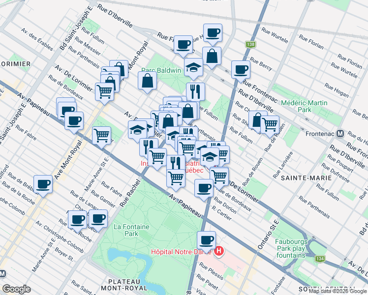map of restaurants, bars, coffee shops, grocery stores, and more near 4051 Avenue de Lorimier in Montréal