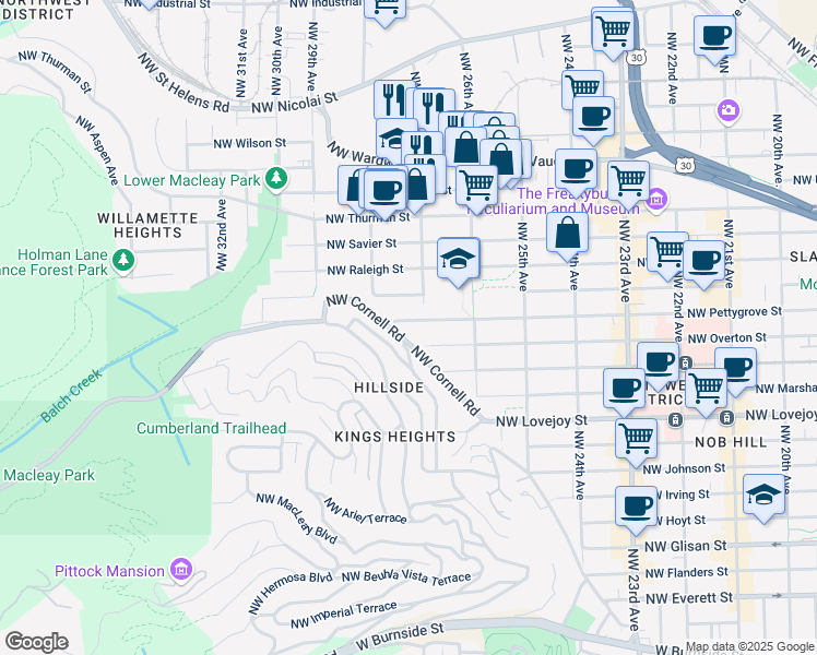 map of restaurants, bars, coffee shops, grocery stores, and more near 2730 Northwest Pettygrove Street in Portland