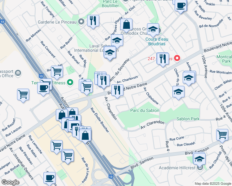 map of restaurants, bars, coffee shops, grocery stores, and more near 5122 Boulevard Notre Dame in Laval