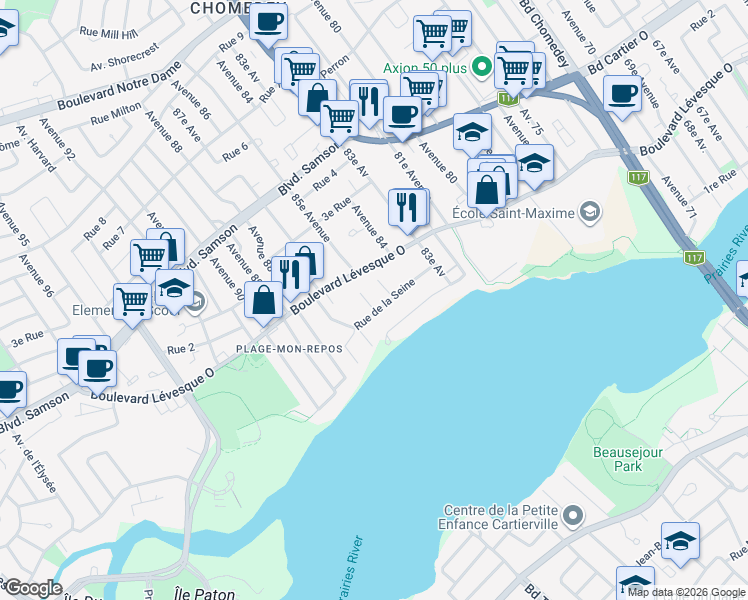 map of restaurants, bars, coffee shops, grocery stores, and more near 4091 Rue de la Seine in Laval
