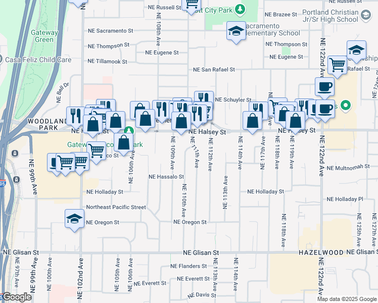 map of restaurants, bars, coffee shops, grocery stores, and more near 1320 Northeast 110th Avenue in Portland