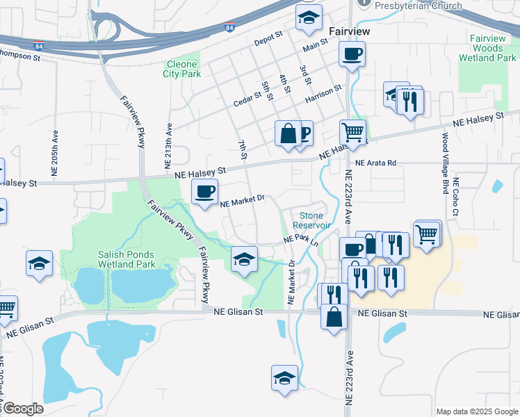 map of restaurants, bars, coffee shops, grocery stores, and more near 1528 Northeast Village Street in Fairview
