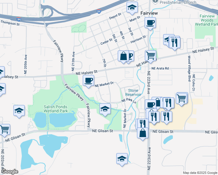 map of restaurants, bars, coffee shops, grocery stores, and more near 1528 Northeast Village Street in Fairview
