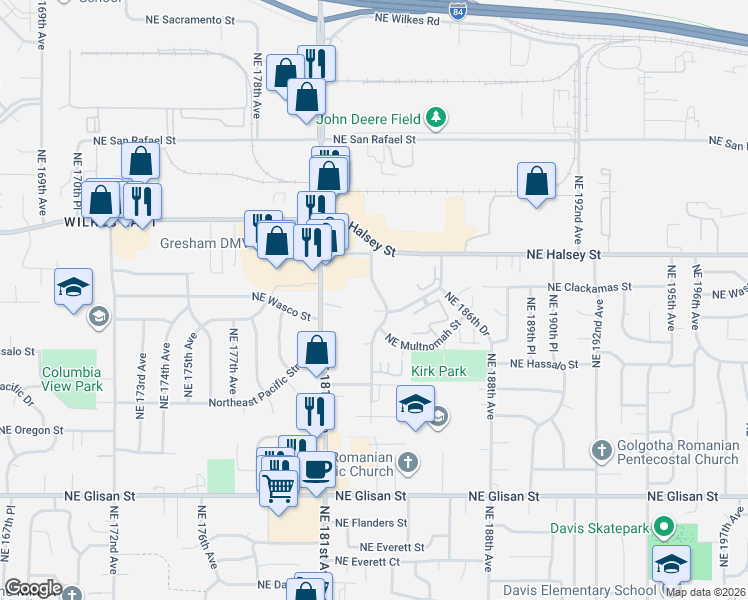 map of restaurants, bars, coffee shops, grocery stores, and more near 1315 Northeast 183rd Avenue in Portland