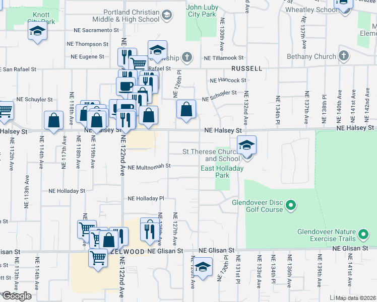 map of restaurants, bars, coffee shops, grocery stores, and more near 12718 Northeast Clackamas Street in Portland
