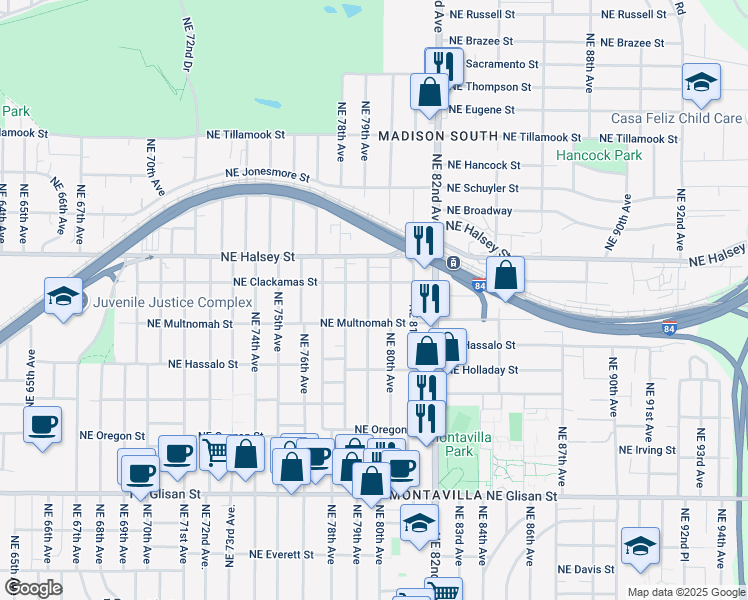map of restaurants, bars, coffee shops, grocery stores, and more near 1324 Northeast 79th Avenue in Portland