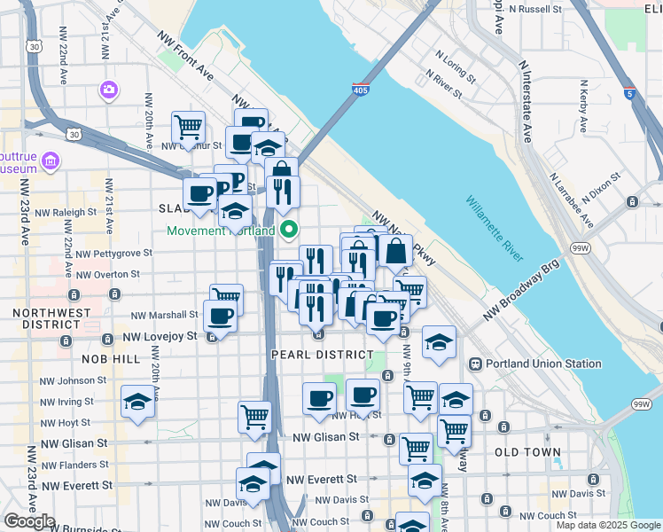 map of restaurants, bars, coffee shops, grocery stores, and more near 1161 Northwest Overton Street in Portland