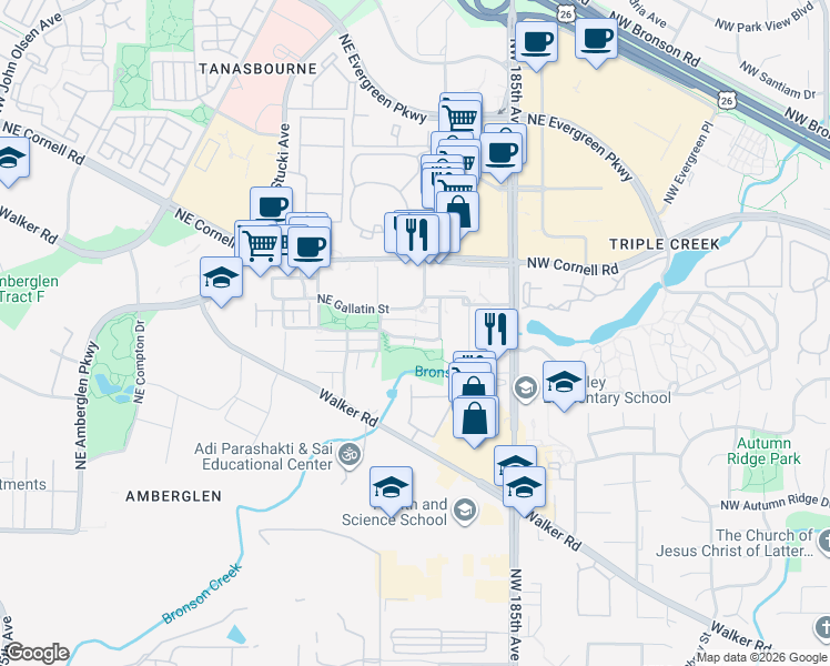 map of restaurants, bars, coffee shops, grocery stores, and more near 10566 Northeast Avery Way in Hillsboro