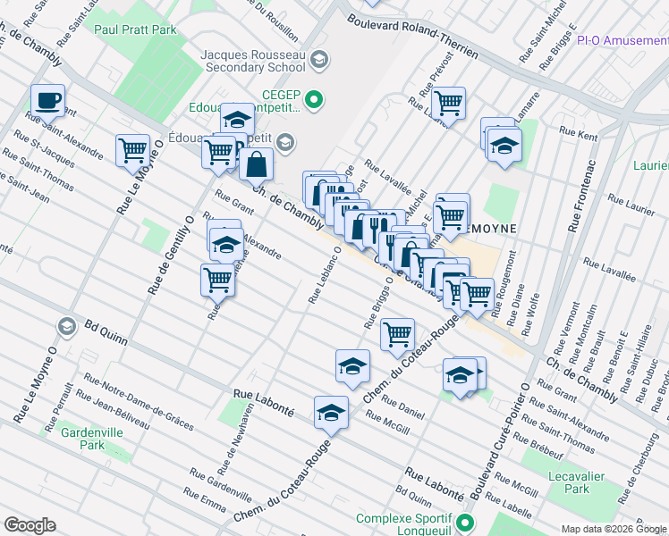 map of restaurants, bars, coffee shops, grocery stores, and more near 120 Rue Leblanc Ouest in Longueuil