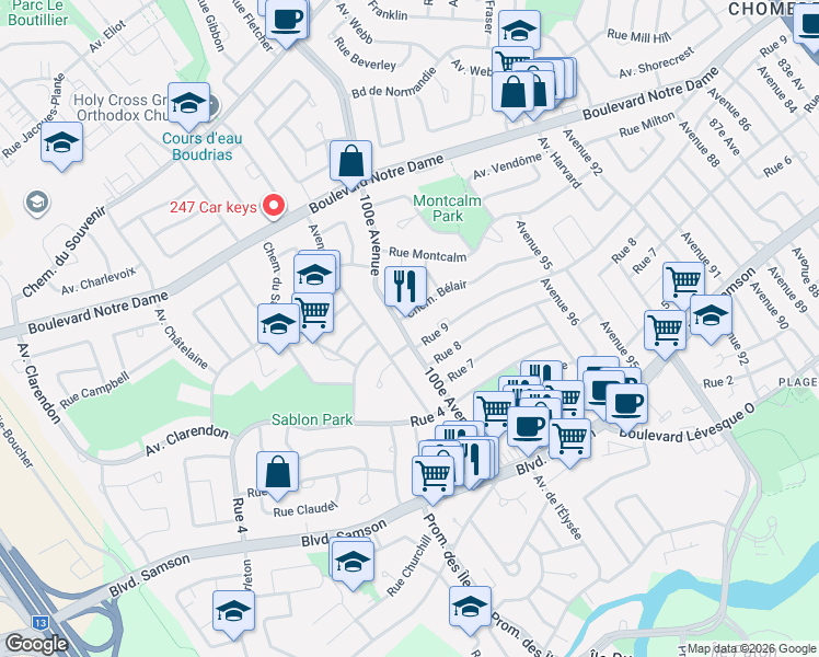map of restaurants, bars, coffee shops, grocery stores, and more near 433 100e Avenue in Laval