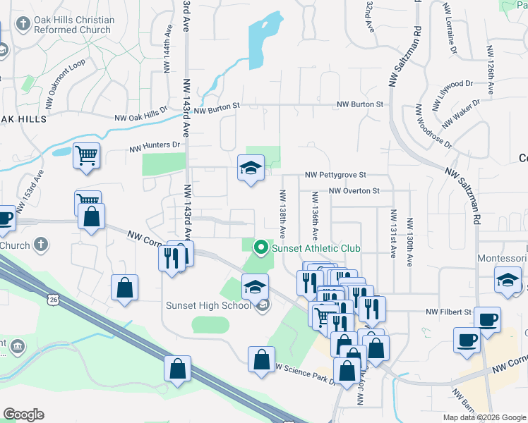 map of restaurants, bars, coffee shops, grocery stores, and more near 13995 Northwest Marshall Street in Portland