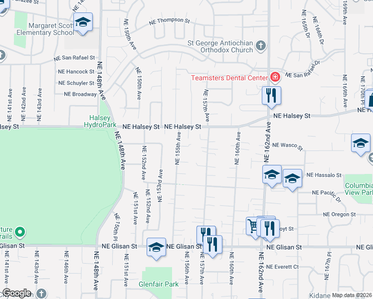 map of restaurants, bars, coffee shops, grocery stores, and more near 1300 Northeast 155th Avenue in Portland