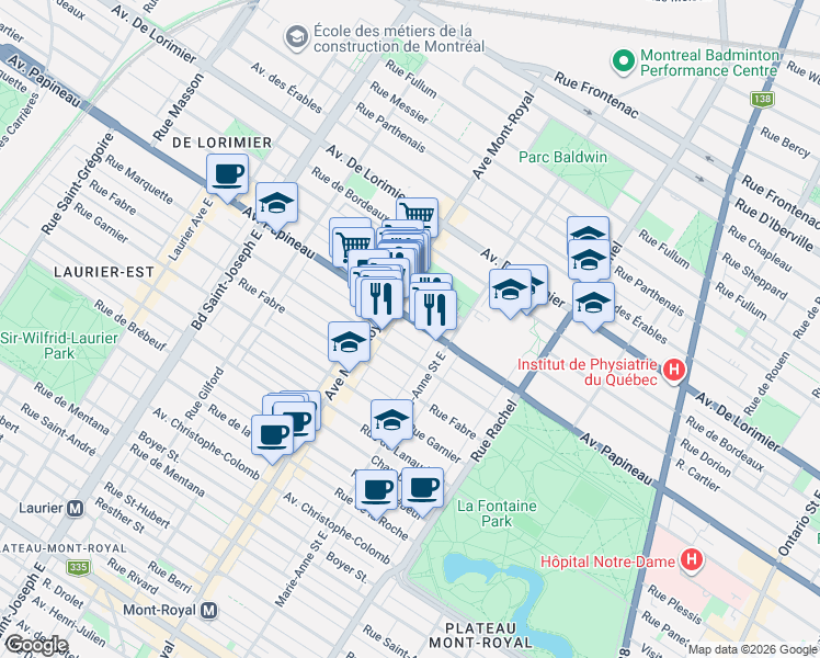 map of restaurants, bars, coffee shops, grocery stores, and more near 4454 Avenue Papineau in Montréal
