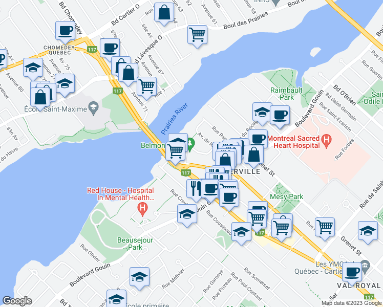 map of restaurants, bars, coffee shops, grocery stores, and more near 12640 Rue Odette-Oligny in Montréal