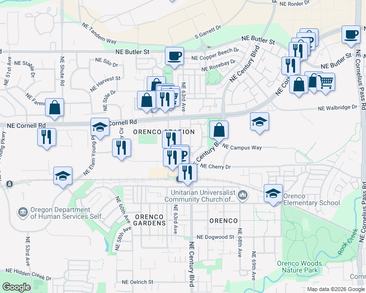 map of restaurants, bars, coffee shops, grocery stores, and more near 1110 Northeast 63rd Way in Hillsboro