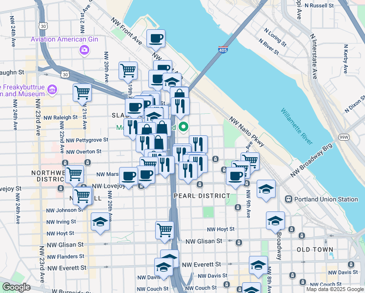 map of restaurants, bars, coffee shops, grocery stores, and more near 1455 Northwest Overton Street in Portland