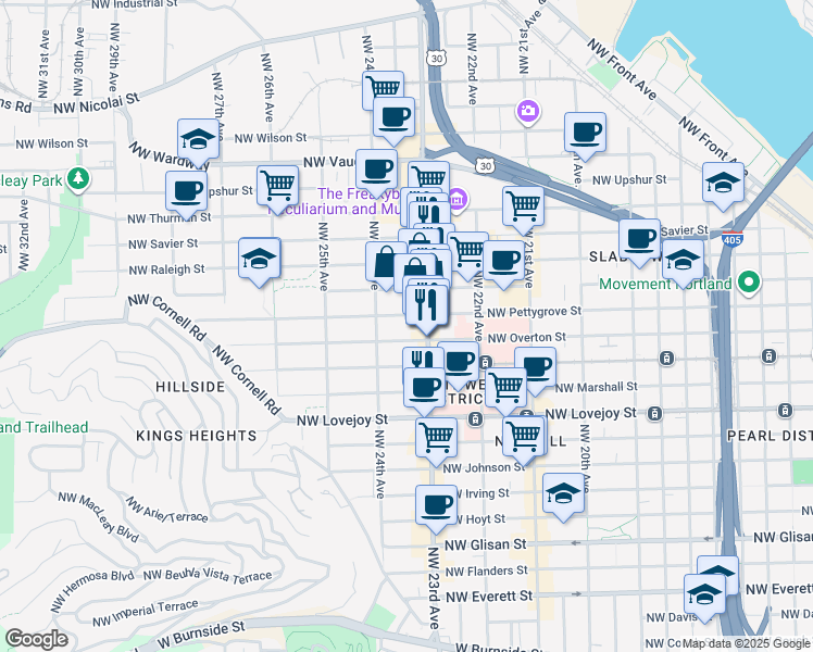 map of restaurants, bars, coffee shops, grocery stores, and more near 2356 Northwest Pettygrove Street in Portland