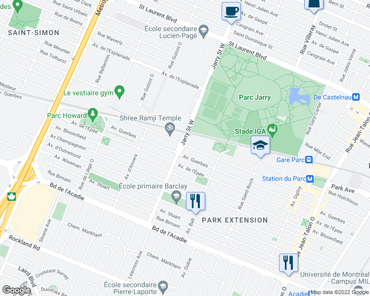 map of restaurants, bars, coffee shops, grocery stores, and more near 454 Rue Jarry Ouest in Montréal