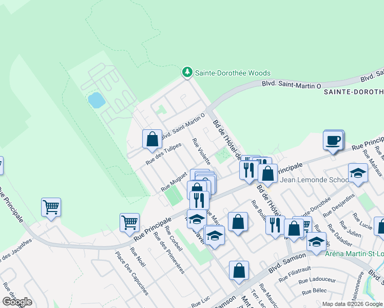 map of restaurants, bars, coffee shops, grocery stores, and more near 1037 Rue des Tulipes in Laval