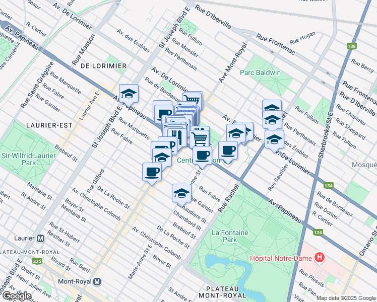 map of restaurants, bars, coffee shops, grocery stores, and more near in Montreal