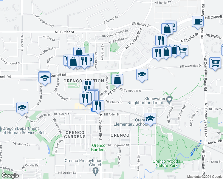 map of restaurants, bars, coffee shops, grocery stores, and more near 1749 Northeast Century Boulevard in Hillsboro