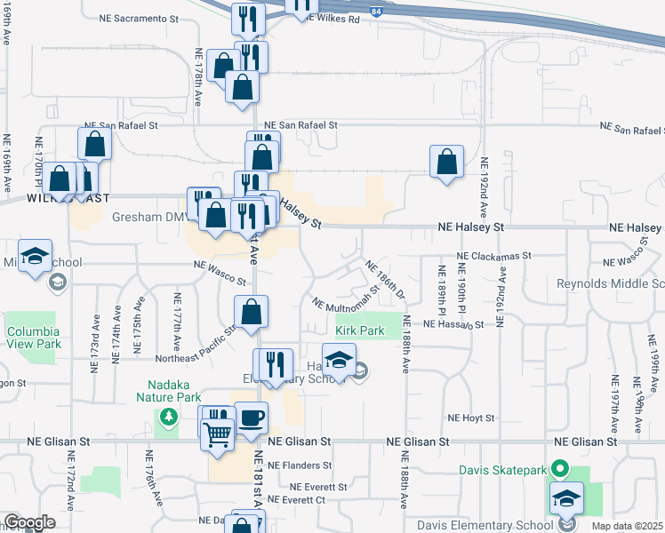 map of restaurants, bars, coffee shops, grocery stores, and more near 18325 Northeast Wasco Street in Portland