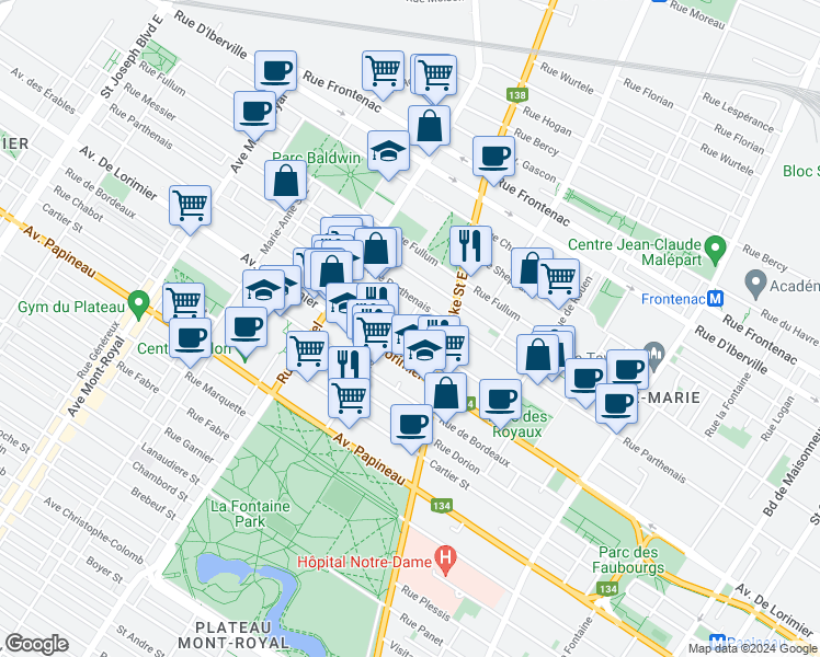 map of restaurants, bars, coffee shops, grocery stores, and more near 3513 Avenue des Érables in Montréal