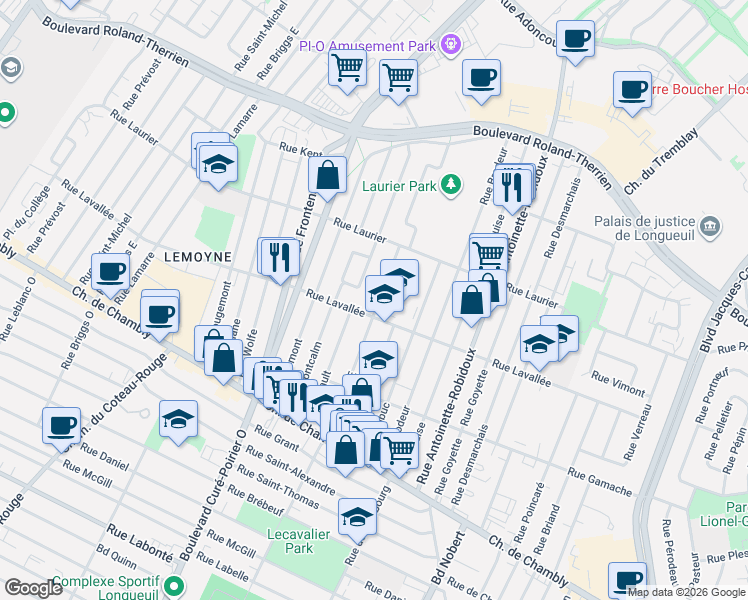 map of restaurants, bars, coffee shops, grocery stores, and more near 323 Rue Benoit Est in Longueuil