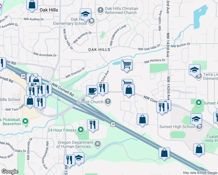 map of restaurants, bars, coffee shops, grocery stores, and more near 1820 Northwest Arcadia Court in Beaverton