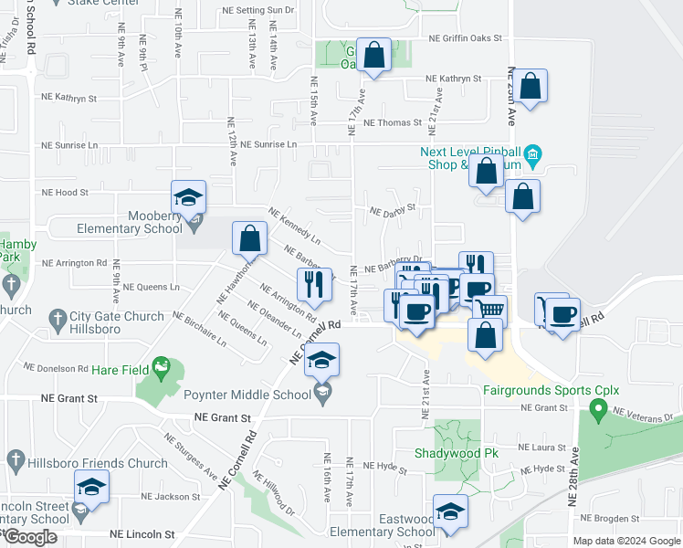 map of restaurants, bars, coffee shops, grocery stores, and more near 1649 Northeast Barberry Drive in Hillsboro